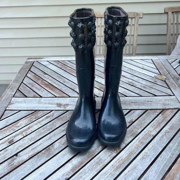 Burberry Black Rainboots Studded Cuff Leather Tall Boots - Picture 4 of 6